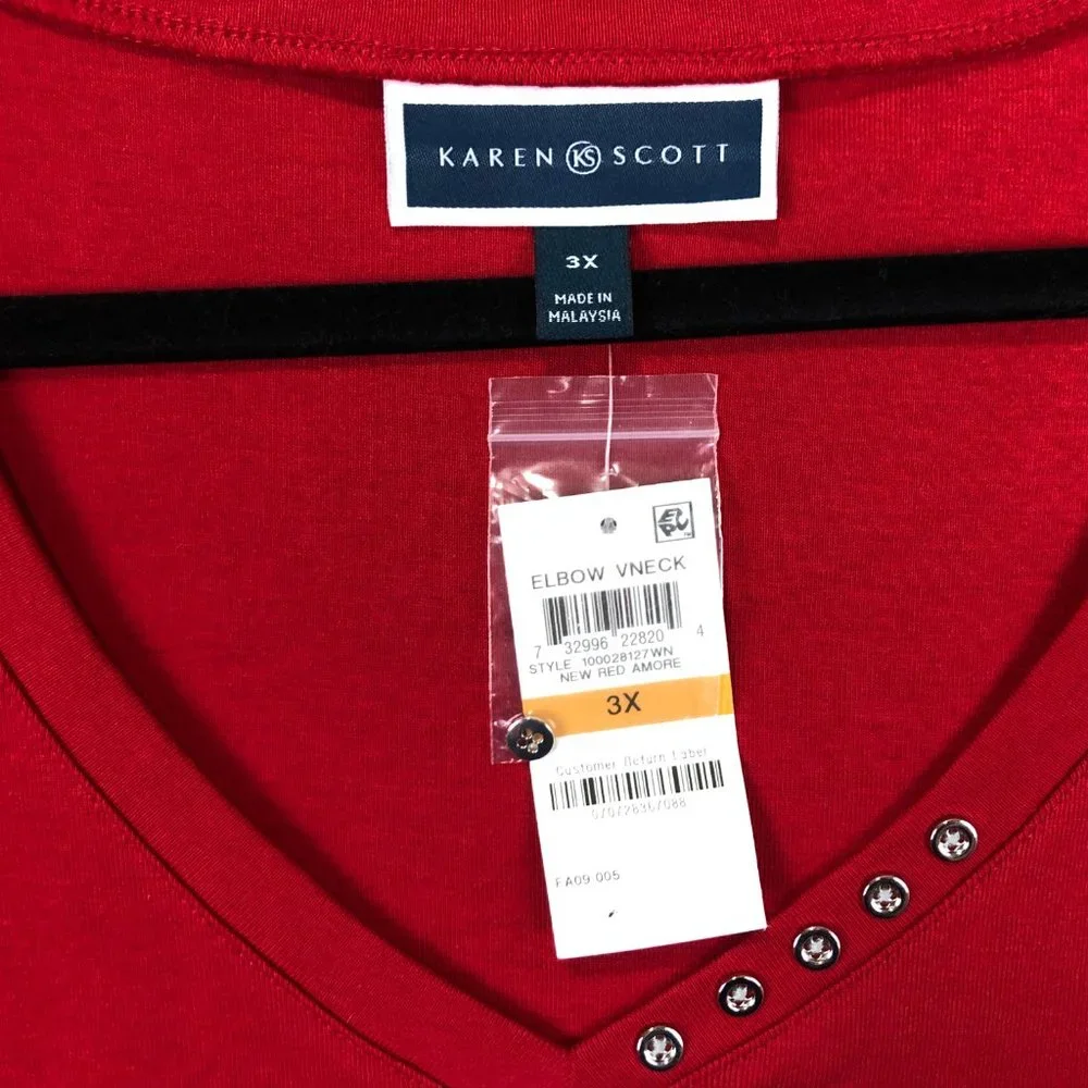 Karen Scott Top Size 0X Women Elbow Short Sleeve V Neck Solid Red Button Accent - Picture 3 of 10
